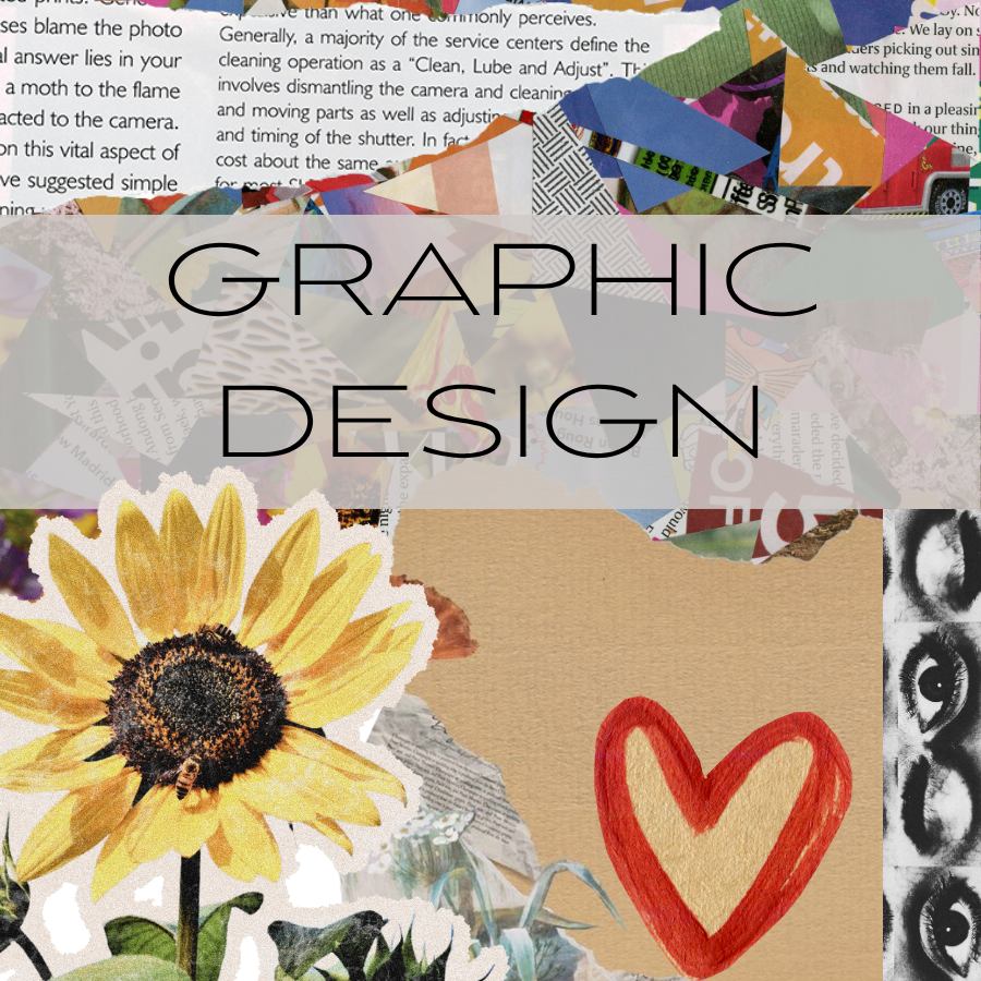 A vibrant graphic design collage featuring various shapes, colors, and textures arranged artistically.